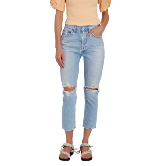 AGOLDE Riley Button Fly High Rise Cropped Straight Leg Jeans - Picture 1 of 8